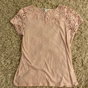 Sundance Blush Pink Floral Lace Sleeve/Yoke Short-Sleeve Slub T-Shirt